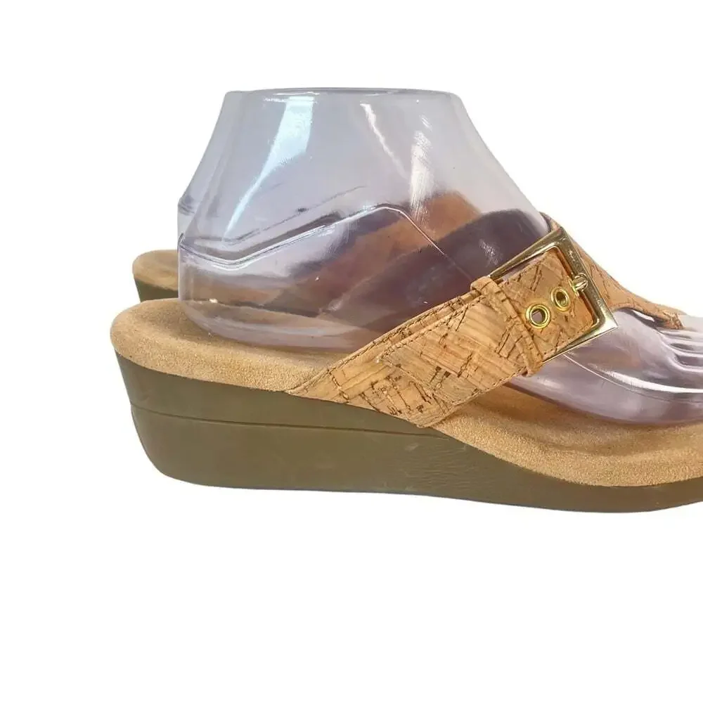 Aerosoles Tan Cork Wedge Sandals Women 10 Flower Thong Slide Comfort Summer